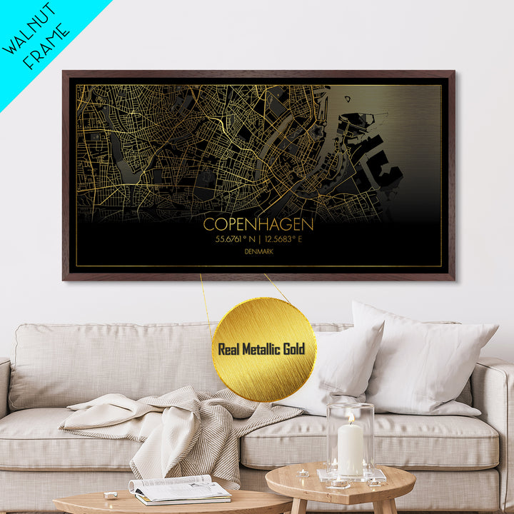 Copenhagen Denmark City street map, Metallic Gold Print, Metal Art, wood framed map, black and gold, Travel Poster, Street Map Art, Modern Wall Art
