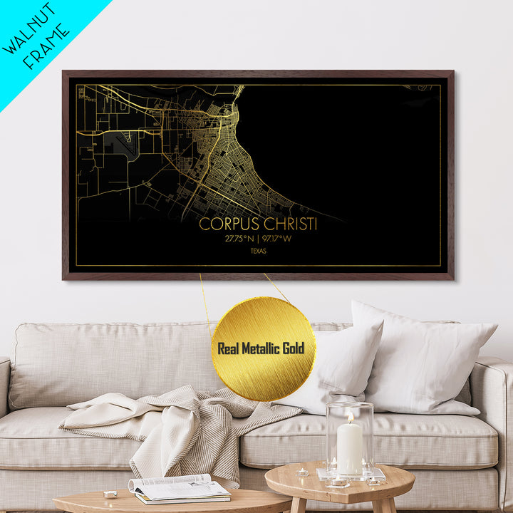 Corpus Christi Texas City Poster, Metallic Gold Art, Metal Art, real wood frames, black and gold, Street Map Art, Gold Street Map Art, Office Decor