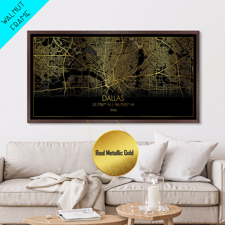 Dallas Texas City street map, Metallic Gold Print, Metal Art, wood framed map, black and gold, Street Map Wall Art, College Dorm Décor, Minimalist Wall Art