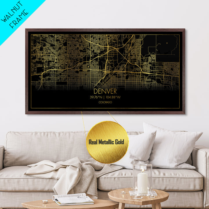 Denver Colorado City street map, Metallic Gold Print, Metal Art, wood framed map, black and gold, Street Map Art, Travel Poster, Modern House Art
