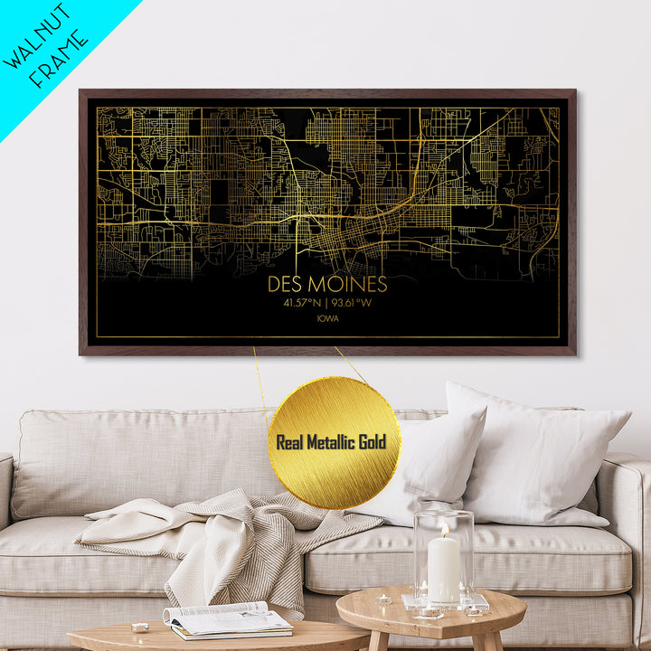 Des Moines Iowa City Poster, Metallic Gold Art, Metal Art, real wood frames, black and gold, Street Map Wall Art, Housewarming Gift, Map Art