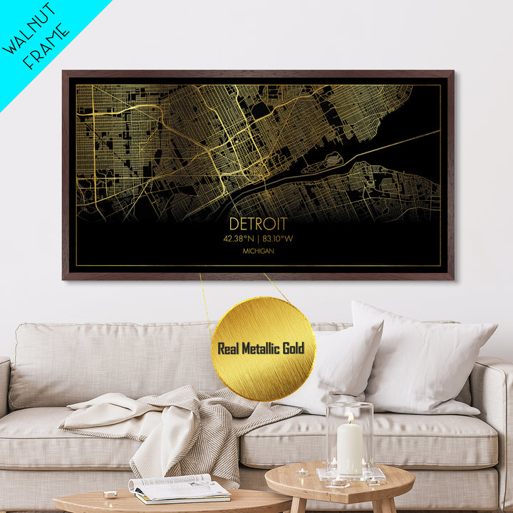 Detroit Michigan City street map, Metallic Gold Print, Metal Art, wood framed map, black and gold, Street Map Art, Map Print Poster
