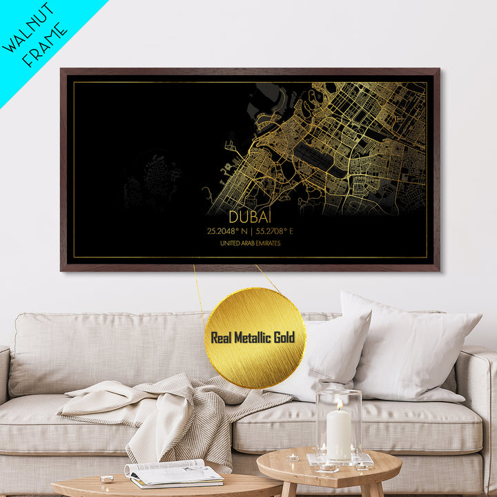 Dubai United Arab Emirates City Poster, Metallic Gold Art, Metal Art, real wood frames, black and gold, Street Map Art, Travel Poster, Gold Street Map Art