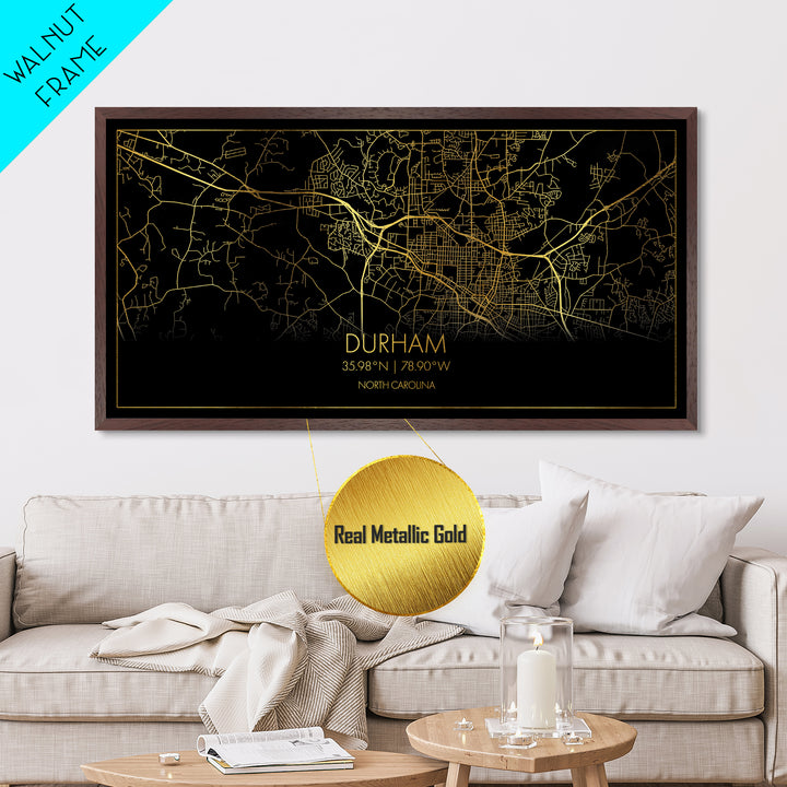 Durham North Carolina City Poster, Metallic Gold Art, Metal Art, real wood frames, black and gold, Street Map Art, Minimalist Wall Art, Office Decor