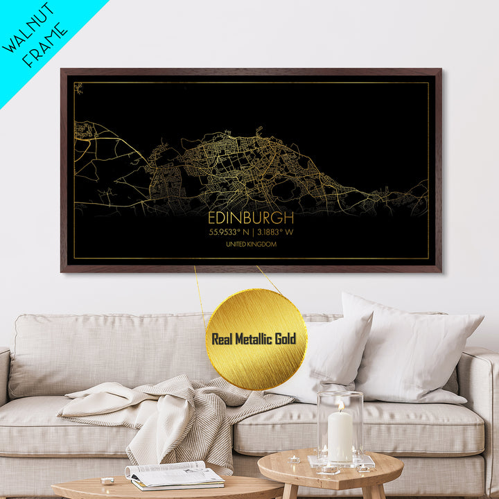 Edinburgh United Kingdom City street map, Metallic Gold Print, Metal Art, wood framed map, black and gold, Street Map Art, Travel Poster, Modern Wall Art