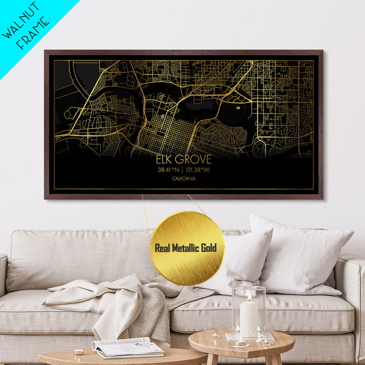 Elk Grove California City Poster, Metallic Gold Art, Metal Art, real wood frames, black and gold, Street Map Wall Art, Office Decor