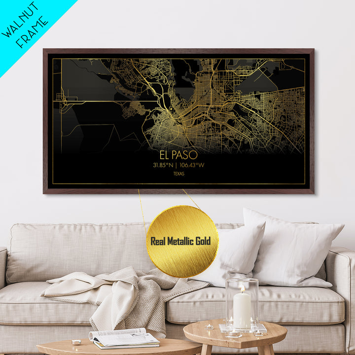 El Paso Texas City street map, Metallic Gold Print, Metal Art, wood framed map, black and gold, Street Map Art, Housewarming Gift