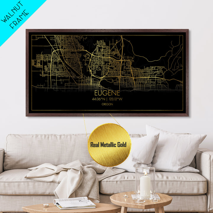 Eugene Oregon City Poster, Metallic Gold Art, Metal Art, real wood frames, black and gold, Travel Poster, Street Map Wall Art, Real Wood Frames