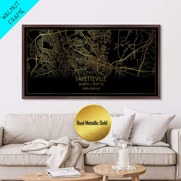 Fayetteville North Carolina City street map, Metallic Gold Print, Metal Art, wood framed map, black and gold, Street Map Art, College Dorm Décor