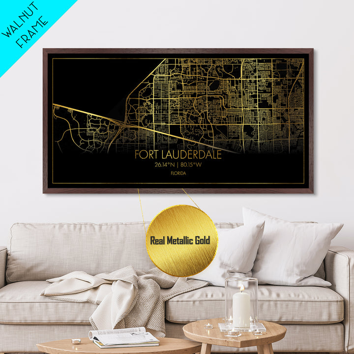 Fort Lauderdale Florida City street map, Metallic Gold Print, Metal Art, wood framed map, black and gold, Street Map Art, Housewarming Gift
