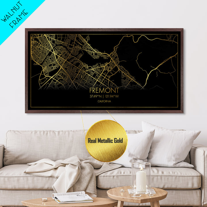 Fremont California City Poster, Metallic Gold Art, Metal Art, real wood frames, black and gold, Street Map Wall Art, Best Friend Gifts