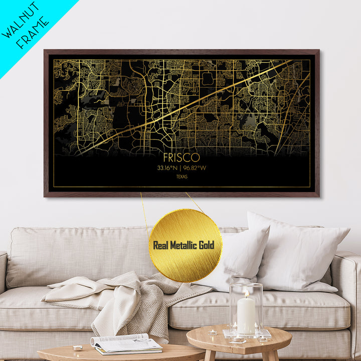 Frisco Texas City Poster, Metallic Gold Art, Metal Art, real wood frames, black and gold, Street Map Wall Art, College Dorm Décor, Office Decor