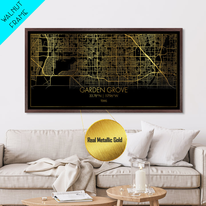Garden Grove California City street map, Metallic Gold Print, Metal Art, wood framed map, black and gold, Street Map Art, Gold Street Map Art
