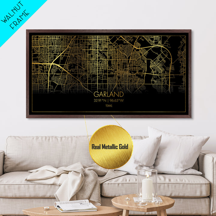 Garland Texas City Poster, Metallic Gold Art, Metal Art, real wood frames, black and gold, Street Map Wall Art, Travel Poster