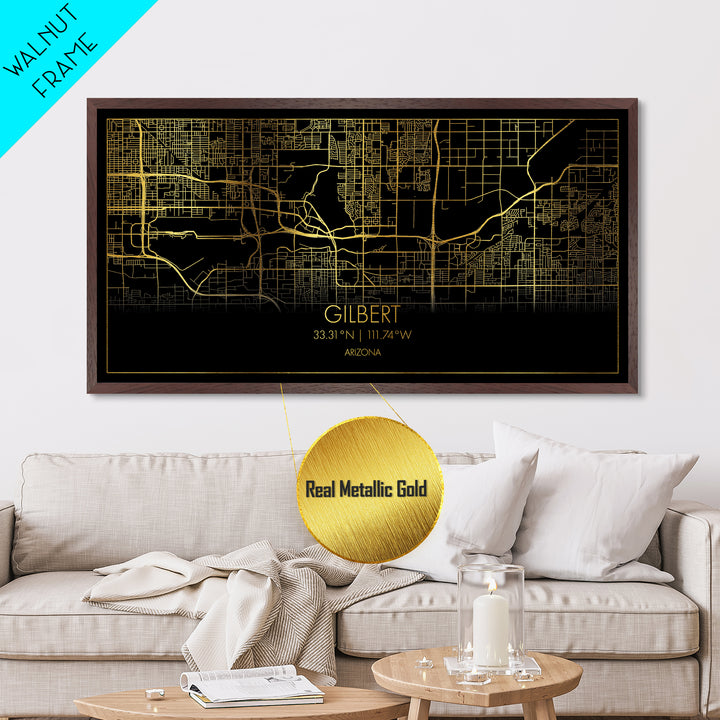 Gilbert Arizona City street map, Metallic Gold Print, Metal Art, wood framed map, black and gold, Street Map Art, Housewarming Gift, Map Art