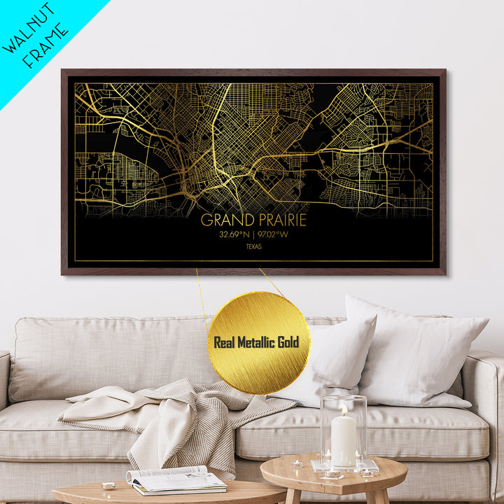 Grand Prairie Texas City Poster, Metallic Gold Art, Metal Art, real wood frames, black and gold, Street Map Wall Art, Map Art