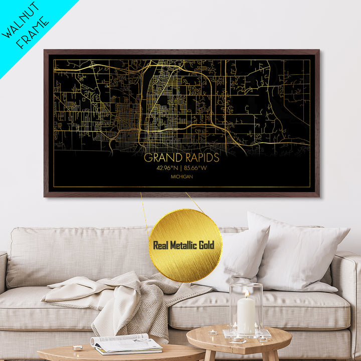 Grand Rapids Michigan City street map, Metallic Gold Print, Metal Art, wood framed map, black and gold, Street Map Art, Housewarming Gift