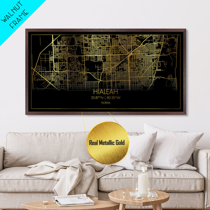 Hialeah Florida City Poster, Metallic Gold Art, Metal Art, real wood frames, black and gold, Street Map Wall Art, Map Print Poster