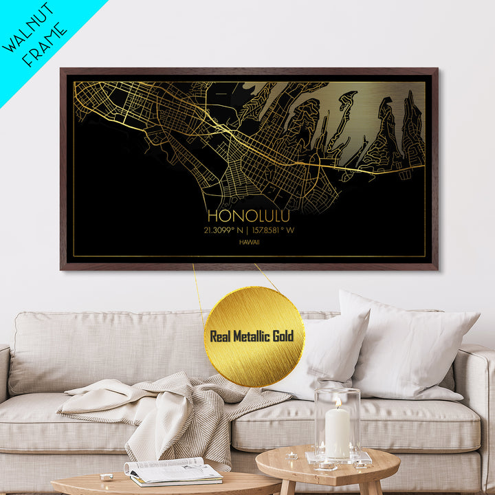 Honolulu Hawaii City Poster, Metallic Gold Art, Metal Art, real wood frames, black and gold, Street Map Wall Art, Best Friend Gifts