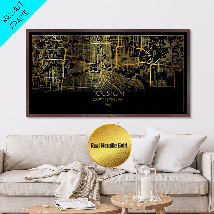 Houston Texas City street map, Metallic Gold Print, Metal Art, wood framed map, black and gold, Street Map Art, Travel Poster, Modern House Art