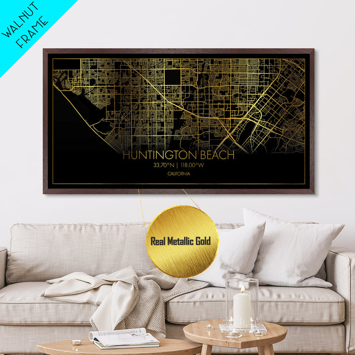 Huntington Beach California City Poster, Metallic Gold Art, Metal Art, real wood frames, black and gold, Street Map Wall Art, Office Decor
