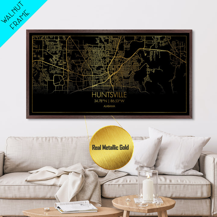 Huntsville Alabama City street map, Metallic Gold Print, Metal Art, wood framed map, black and gold, Street Map Art, Housewarming Gift