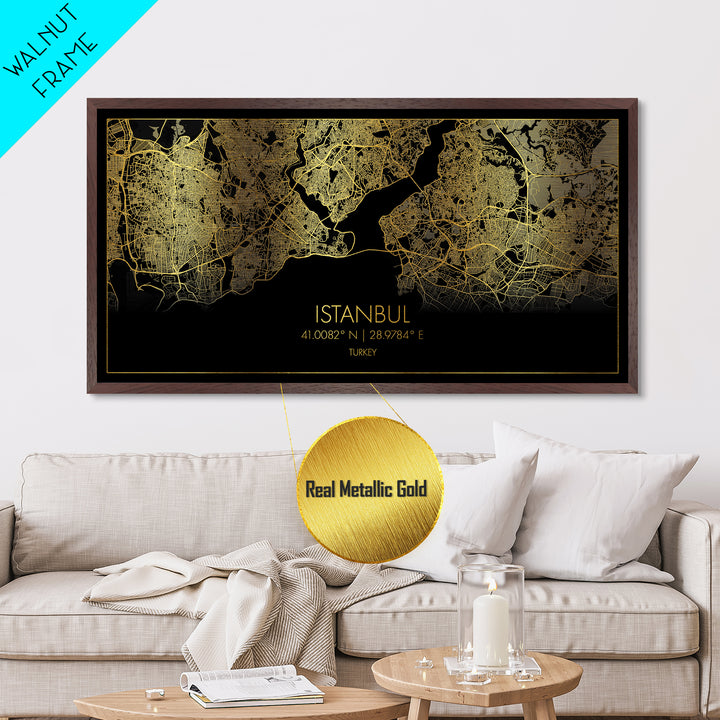 Istanbul Turkey City Poster, Metallic Gold Art, Metal Art, real wood frames, black and gold, Street Map Wall Art, Housewarming Gift