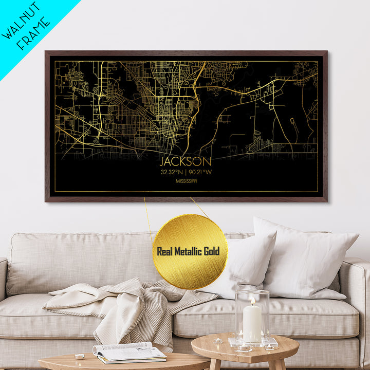 Jackson Mississippi City street map, Metallic Gold Print, Metal Art, wood framed map, black and gold, Street Map Art, Map Art