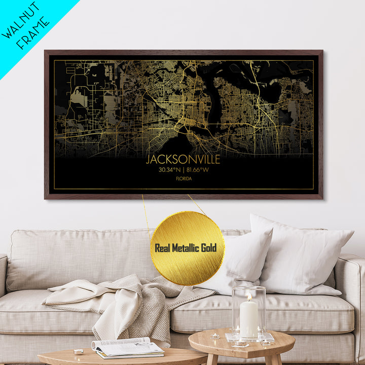 Jacksonville Florida City Poster, Metallic Gold Art, Metal Art, real wood frames, black and gold, Street Map Wall Art, Office Decor