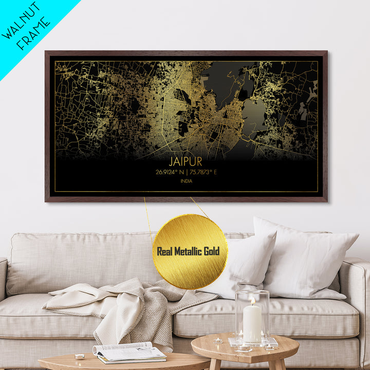 Jaipur India City street map, Metallic Gold Print, Metal Art, wood framed map, black and gold, Street Map Art, Gold Street Map Art