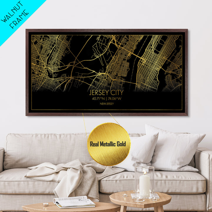Jersey City New Jersey City Poster, Metallic Gold Art, Metal Art, real wood frames, black and gold, Street Map Wall Art, College Dorm Décor