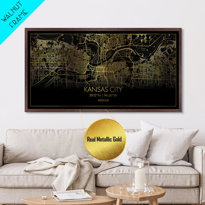 Kansas City Missouri City street map, Metallic Gold Print, Metal Art, wood framed map, black and gold, Street Map Art, Minimalist Wall Art