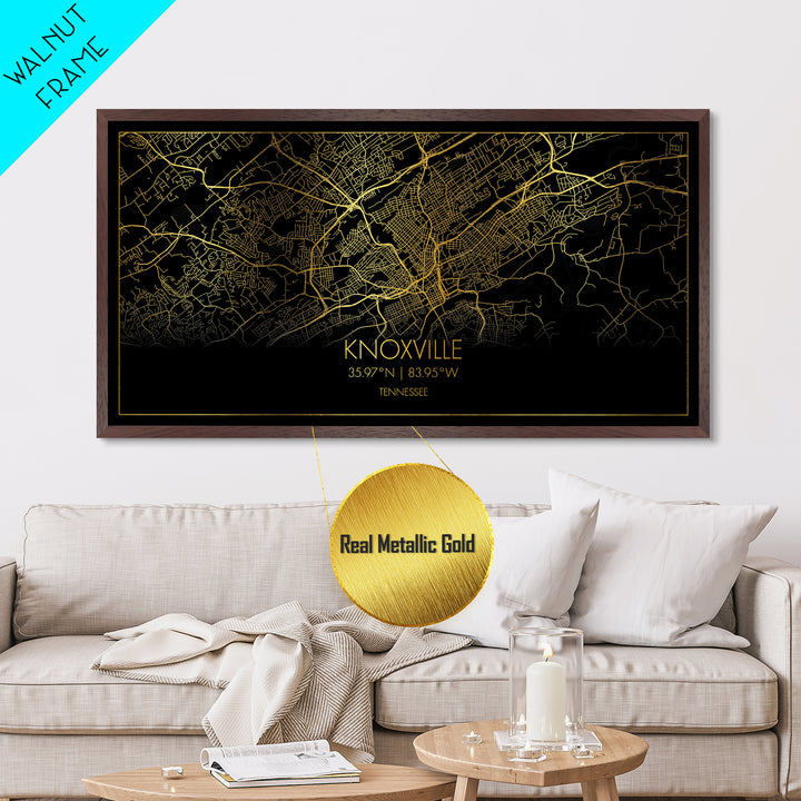 Knoxville Tennessee City Poster, Metallic Gold Art, Metal Art, real wood frames, black and gold, Street Map Wall Art, Best Friend Gifts