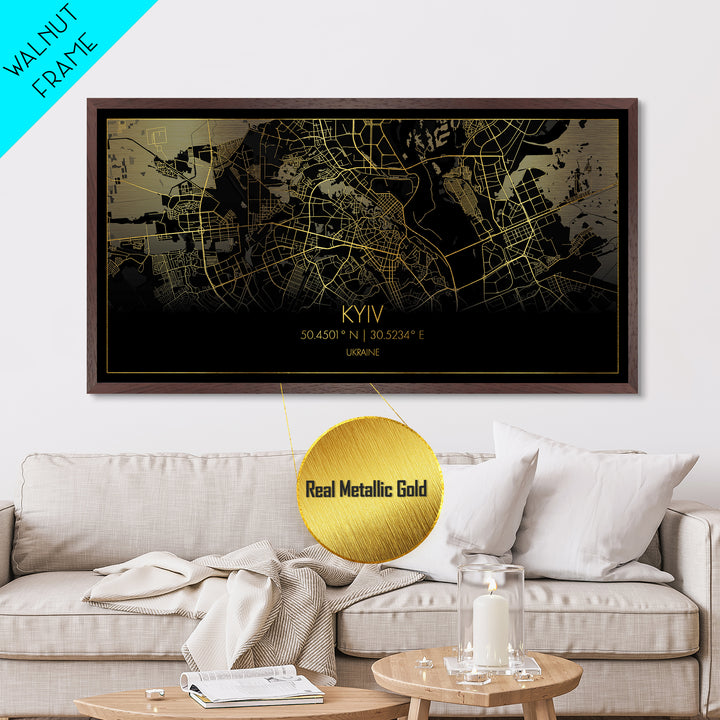Kyiv Ukraine City street map, Metallic Gold Print, Metal Art, wood framed map, black and gold, Street Map Wall Art, Travel Poster