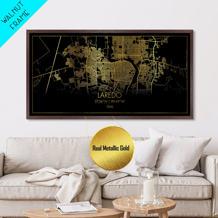 Laredo Texas City Poster, Metallic Gold Art, Metal Art, real wood frames, black and gold, Street Map Art, Modern House Art