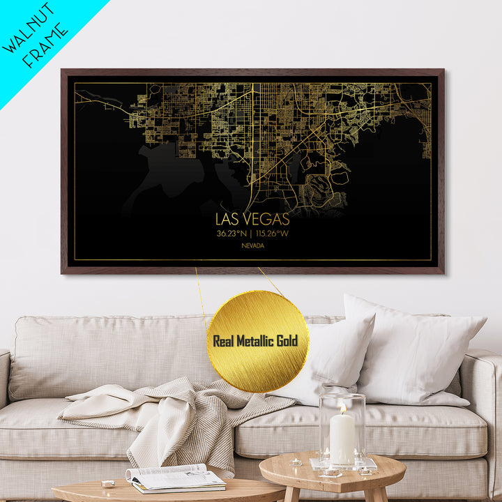 Las Vegas Nevada City street map, Metallic Gold Print, Metal Art, wood framed map, black and gold, Gold Street Map Art, Office Decor