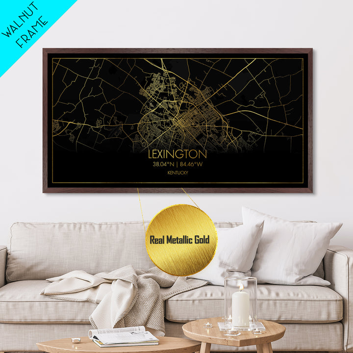 Lexington Kentucky City street map, Metallic Gold Print, Metal Art, wood framed map, black and gold, Minimalist Wall Art, Travel Poster