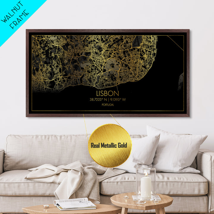 Lisbon Portugal City street map, Metallic Gold Print, Metal Art, wood framed map, black and gold, Travel Poster, Modern Wall Art