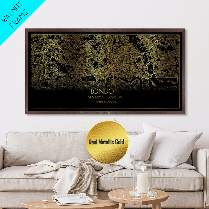 London United Kingdom City street map, Metallic Gold Print, Metal Art, wood framed map, black and gold, Street Map Wall Art, Housewarming Gift