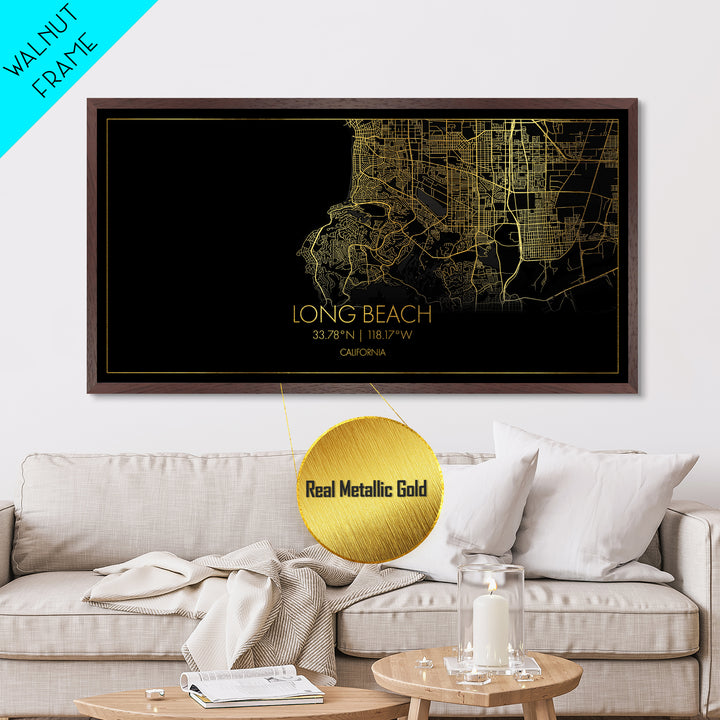 Long Beach California City Poster, Metallic Gold Art, Metal Art, real wood frames, black and gold, Gold Street Map Art, Minimalist Wall Art
