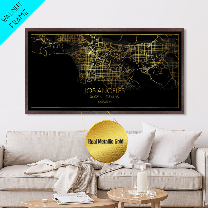 Los Angeles California City street map, Metallic Gold Print, Metal Art, wood framed map, black and gold, Street Map Art, Travel Poster