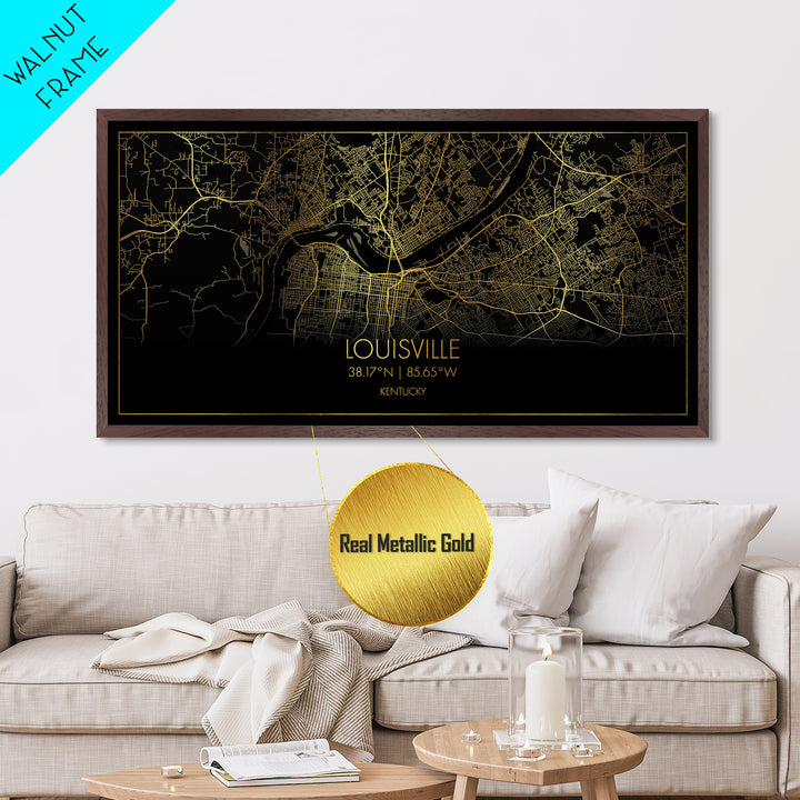 Louisville Kentucky City Poster, Metallic Gold Art, Metal Art, real wood frames, black and gold, Street Map Wall Art, Map Art