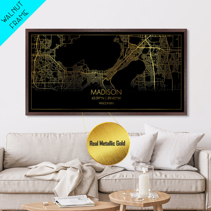 Madison Wisconsin City Poster, Metallic Gold Art, Metal Art, real wood frames, black and gold, Travel Poster, Minimalist Wall Art