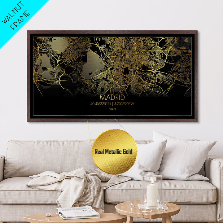 Madrid Spain City street map, Metallic Gold Print, Metal Art, wood framed map, black and gold, Street Map Wall Art, College Dorm Décor