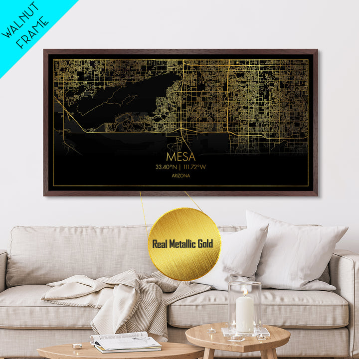 Mesa Arizona City street map, Metallic Gold Print, Metal Art, wood framed map, black and gold, Modern Wall Art, Street Map Wall Art