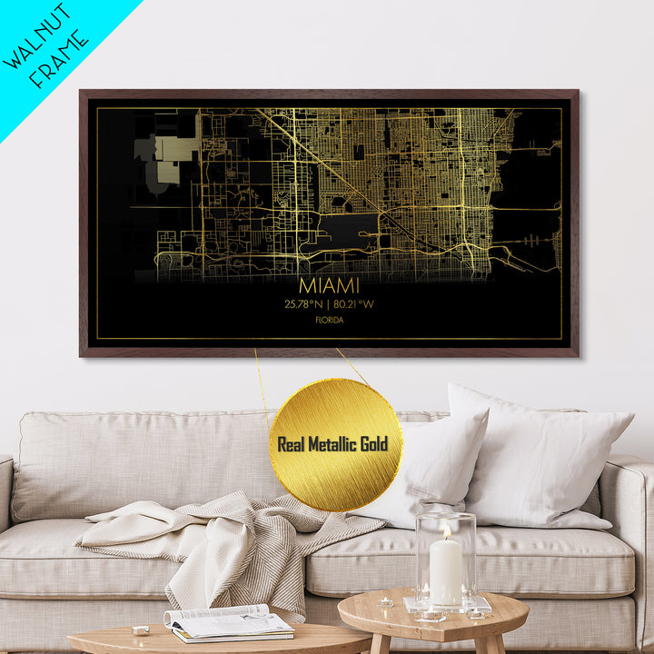 Miami Florida City Poster, Metallic Gold Art, Metal Art, real wood frames, black and gold, Street Map Art, Map Print Poster