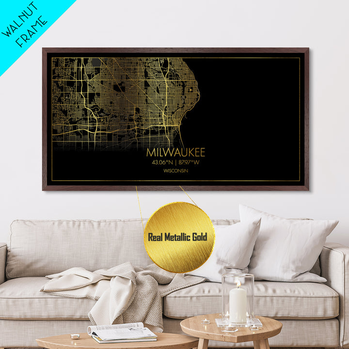 Milwaukee Wisconsin City Poster, Metallic Gold Art, Metal Art, real wood frames, black and gold, Street Map Art, Map Art