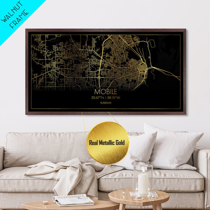 Mobile Alabama City Poster, Metallic Gold Art, Metal Art, real wood frames, black and gold, Street Map Art, Housewarming Gift