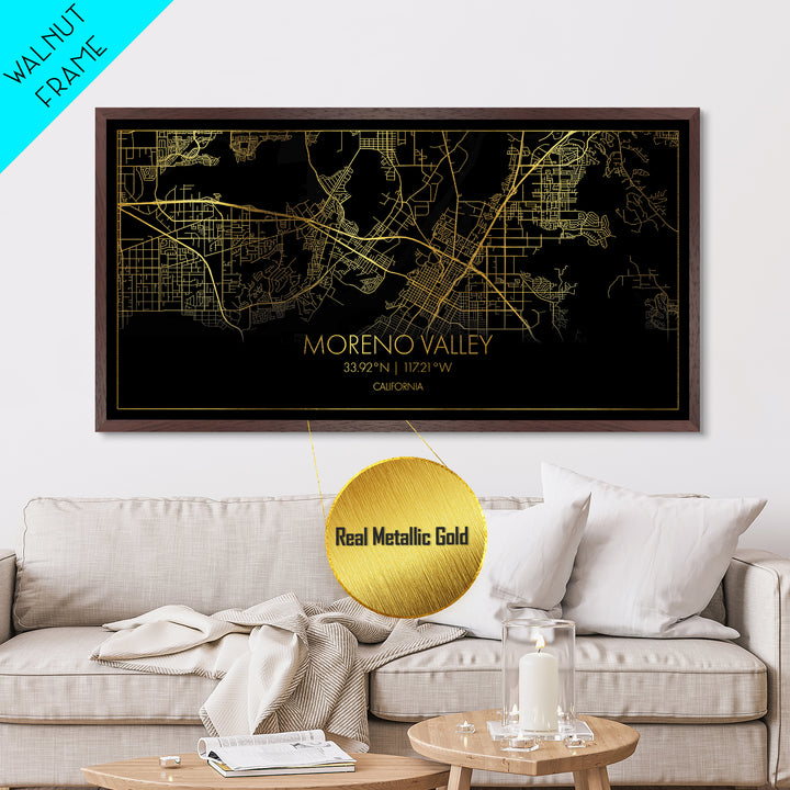 Moreno Valley California City street map, Metallic Gold Print, Metal Art, wood framed map, black and gold, Street Map Wall Art, Best Friend Gifts