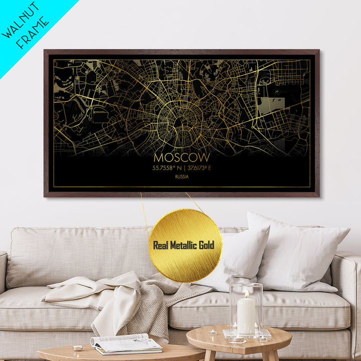 Moscow Russia City Poster, Metallic Gold Art, Metal Art, real wood frames, black and gold, Street Map Art, College Dorm Décor